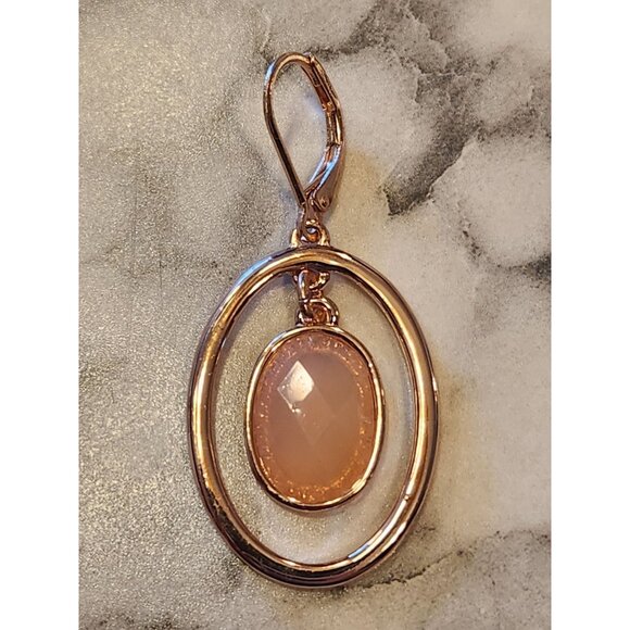 Gloria Vanderbilt Rose Gold-Tone Double Hoop Dangle Earrings Oval Faceted Stone - Picture 4 of 5